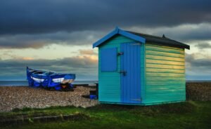 Blue beach shed