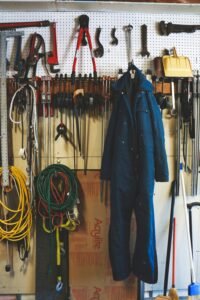 organized wall of hanging tools