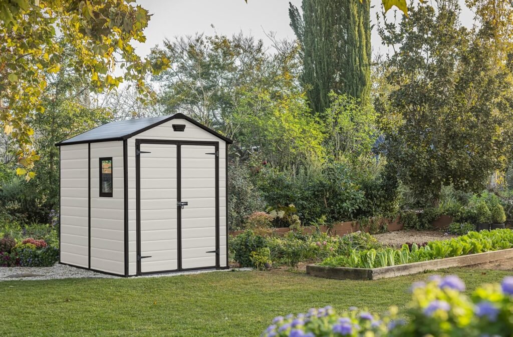 Resin shed in garden