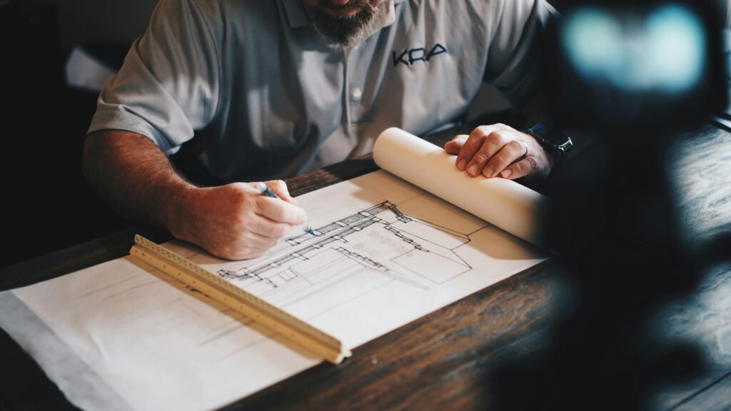 man with plans sitting at table