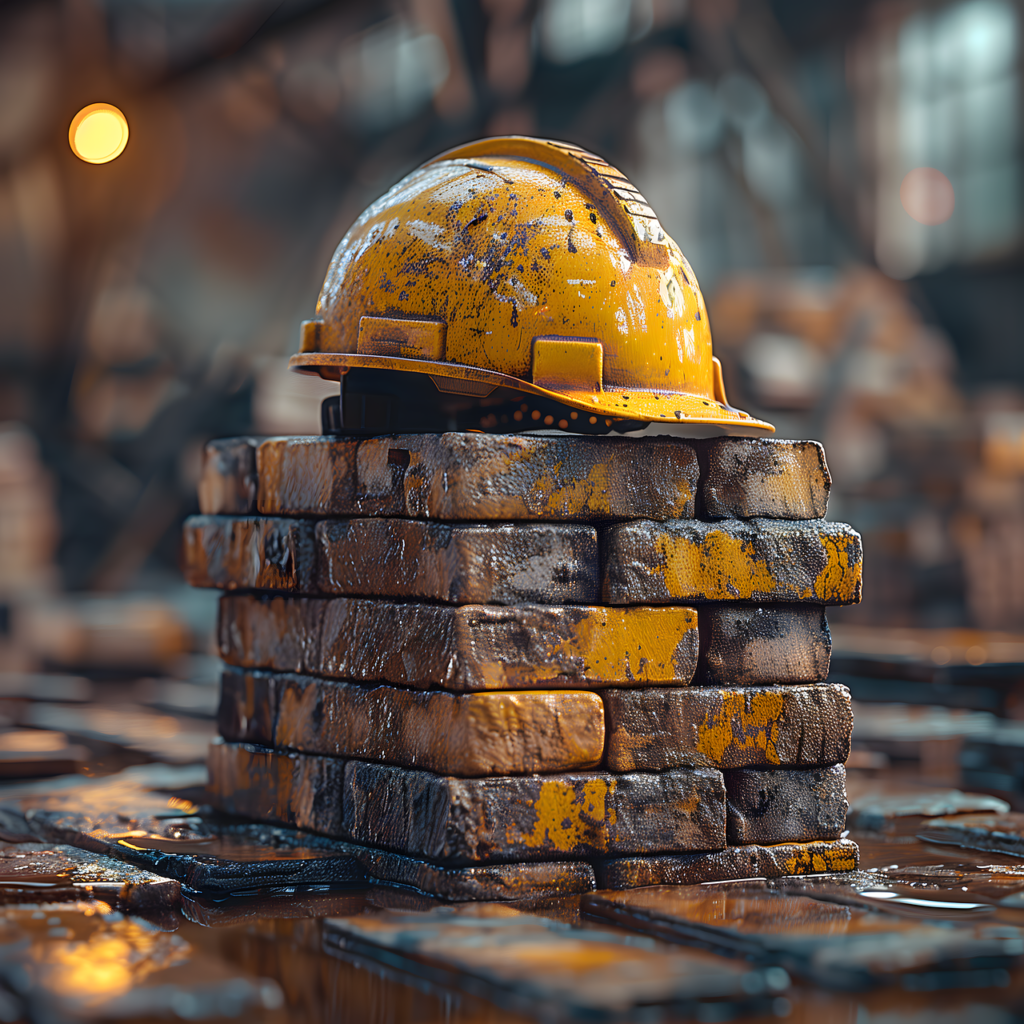 yellow helmet on brick pile